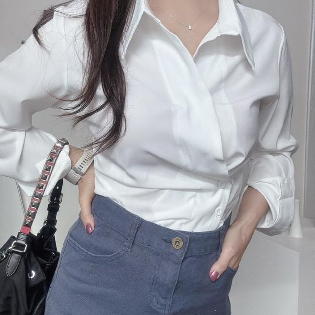 화이트 실키 셔츠 블라우스 여성 오피스 하객룩 고급스러운 데일리탑