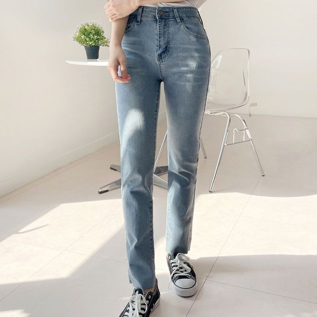 여성 스판 일자 청바지, 셀프 컷팅 데님 팬츠 커스텀