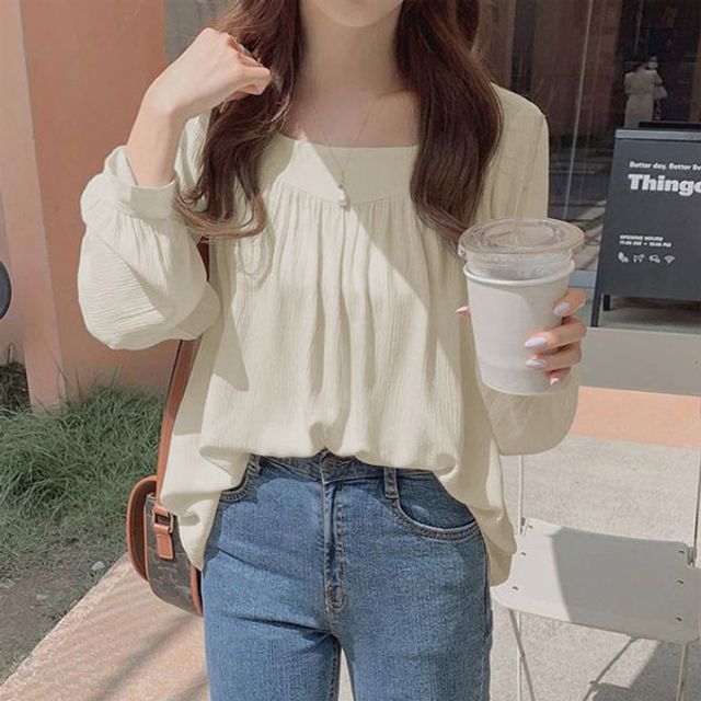 여성 셔링 스퀘어넥 긴팔 블라우스 편안한 핏