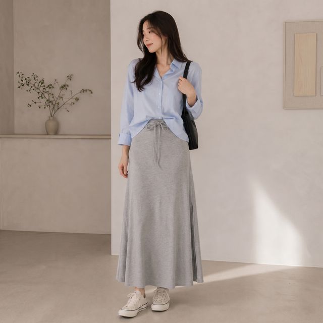 사이드 슬릿 스트링 면 롱 스커트