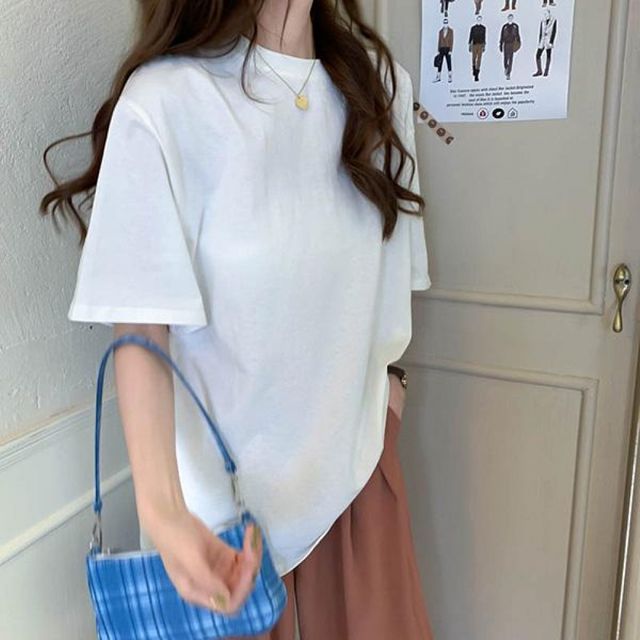 여성 라운드 반팔 여행용 반팔티 캐주얼 박스티 루즈핏 여성반 여름티셔츠