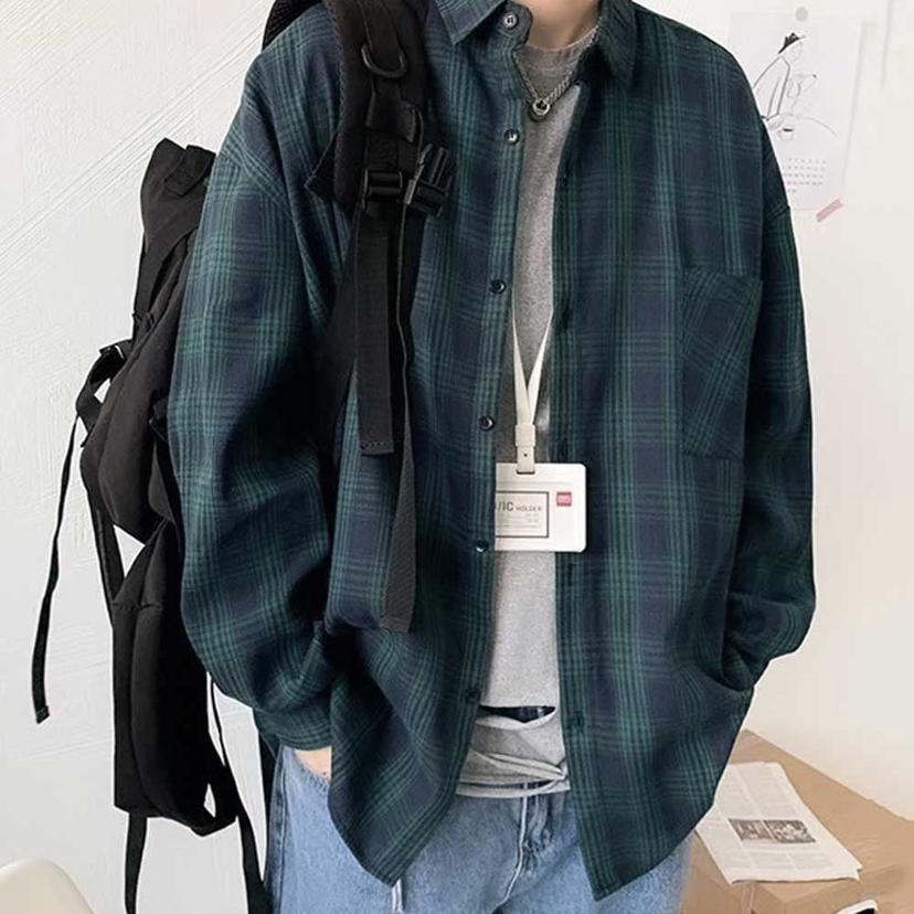오버핏 체크 패턴 클래식 셔츠 남성 여성 캐주얼 남방