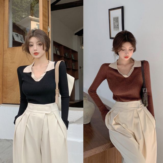 봄 가을 배색 골지 니트 카라티 - 슬림핏 긴팔 스웨터
