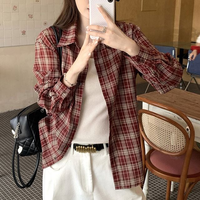 톤다운 레드 체크 셔츠 빈티지 긴팔 셔츠 여유핏 체형커버 체크 아우터 활용 캐주얼룩
