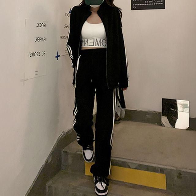 여성 스트라이프 집업 트레이닝 세트, 운동복 셋업