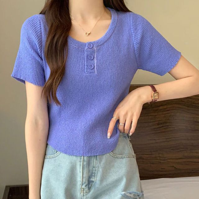 여성 여름 여행룩 라운드 버튼 반팔 티셔츠 캐주얼 코디 아이템