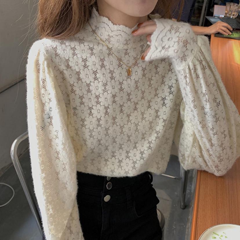 여성 이너 레이어드 하프넥 시스루 레이스 블라우스