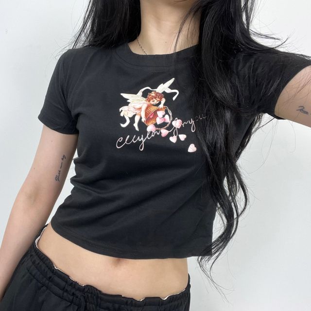 당출 큐피트 엔젤 프린팅 반팔 크롭 티셔츠 2color