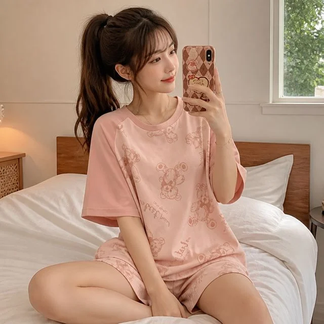 곰돌이 복숭아 반팔 파자마 여성 홈웨어 잠옷