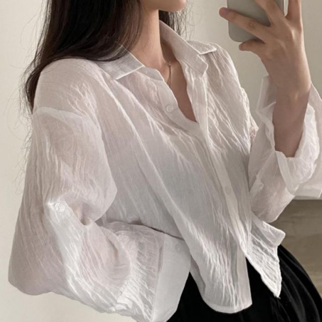여성 여름 긴팔 카라 루즈핏 시스루 블라우스 셔츠