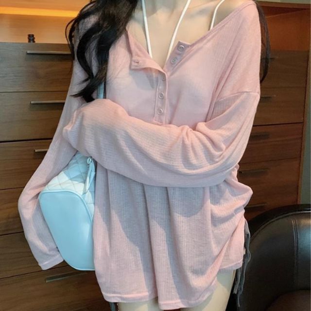 핑크 오프숄더 여름 긴팔티 얇은 쿨티셔츠 여성 루즈핏 시스루 헨리넥