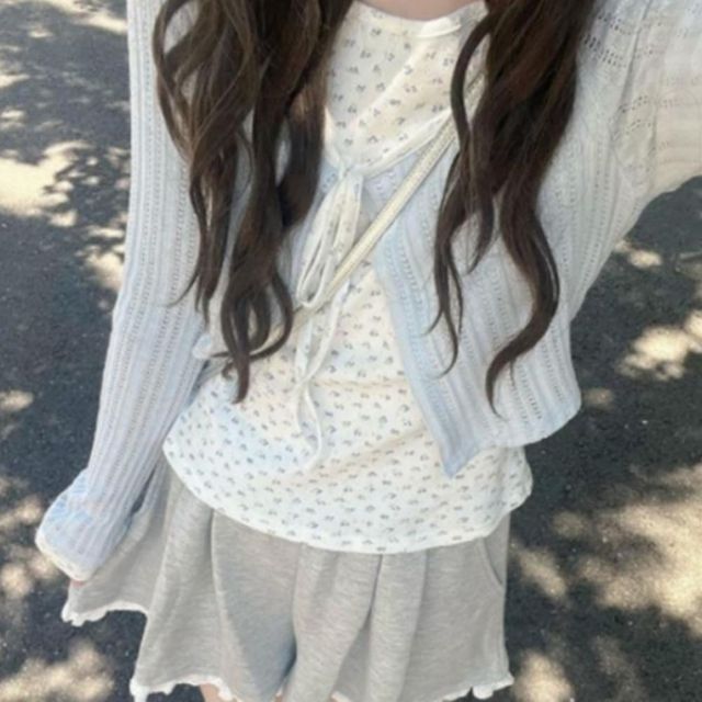 여성 긴팔 플라워 리본 가디건 레이어드 프릴 티셔츠