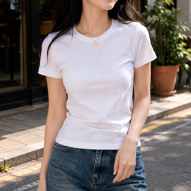 에센셜 슬림핏 라운드 반팔티 여성 스판 기본티 데일리 이너웨어