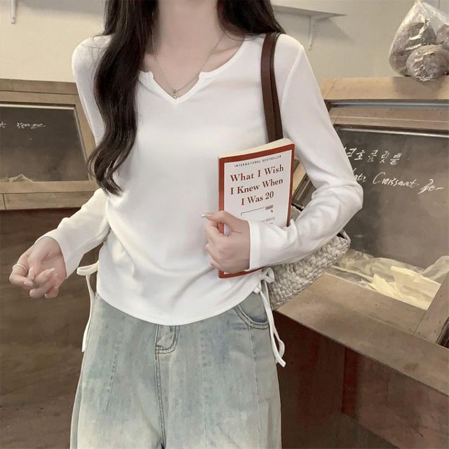 베이직 사이드 셔링 리본 긴팔 티숙 SSH069 라운드 V넥 티숙 S 면티 여성 여성 티숙 긴팔 나시 라운드넥 XL