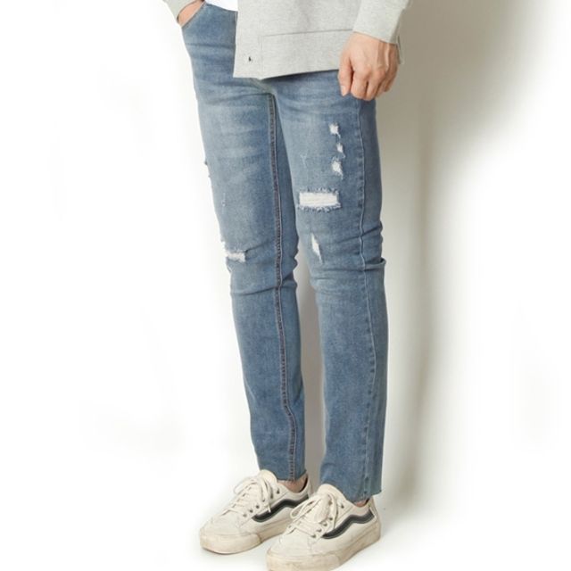KING 남자바지 셀럽 데미지 워싱 스판 청바지 - 트렌디한 핏