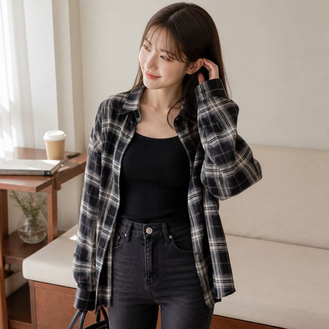 시스루 체크 셔츠 여성 긴팔 남방 봄 가을 데일리룩