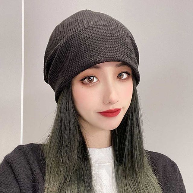 여자 가을 겨울 모자 코디 와플 패턴 롱 비니 캐주얼
