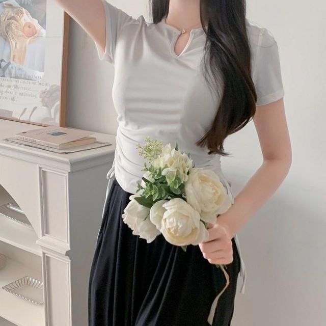 여성 U넥 무지 셔링 반팔티 슬림핏 꾸안꾸 여름 데일리 티셔츠