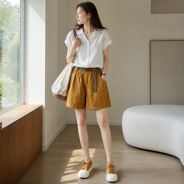 여성 릴렉스 와이드 팬츠 벨트 밴딩 반바지 데일리 여름 휴가룩 바지