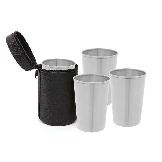 4p세트 캠핑컵 스텐컵 휴대용 스텐 170ml 가죽파우치
