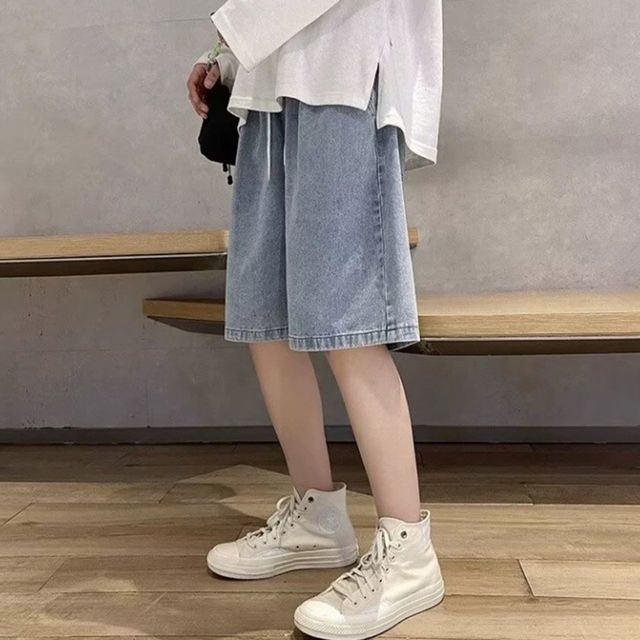와이드 데님 하프 반바지 블루 청반바지 밴딩 숏팬츠 여름 남자