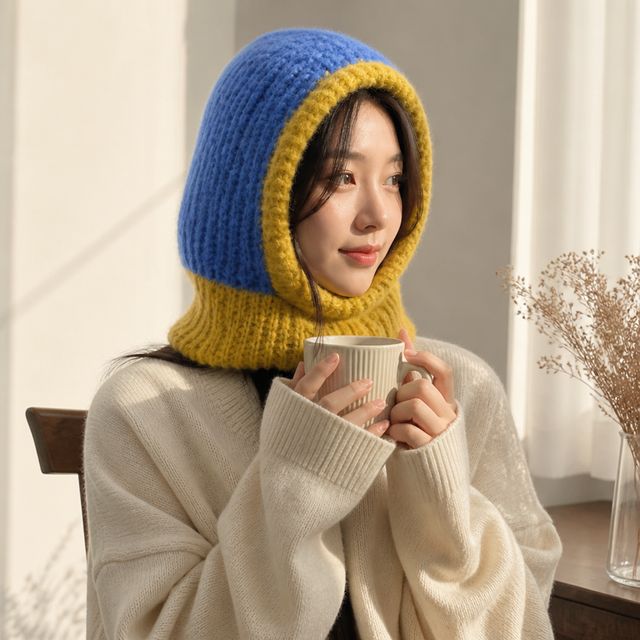 배색 니트 바라클라바 겨울 넥워머 울 후드 귀도리 머플러 목도리 방한용품