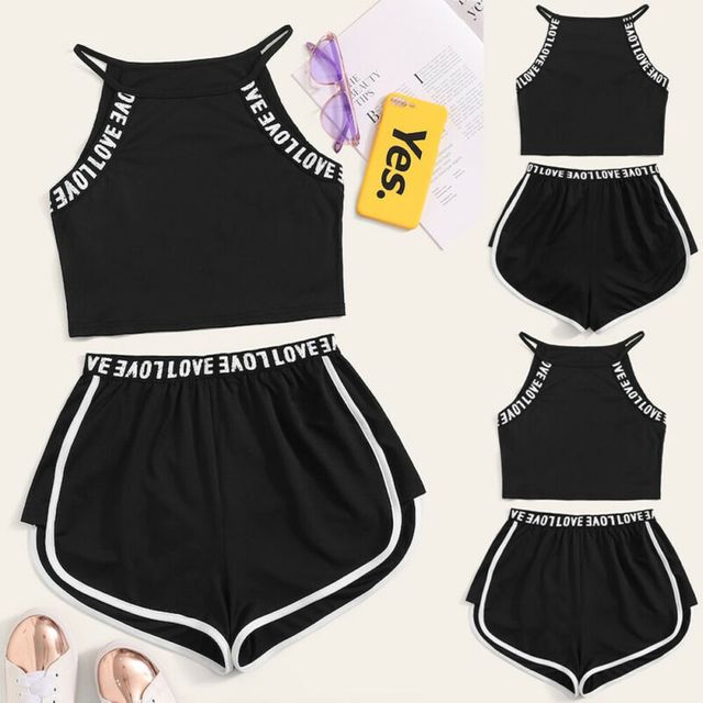 2PCS 홀터넥 넥 사이드 스트라이프 블랙 요가 세트 섹시 스포츠웨어