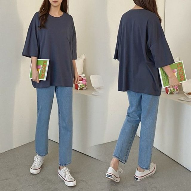 빅사이즈 롱 박스티, 여성 데일리 주머니 큰옷 티셔츠
