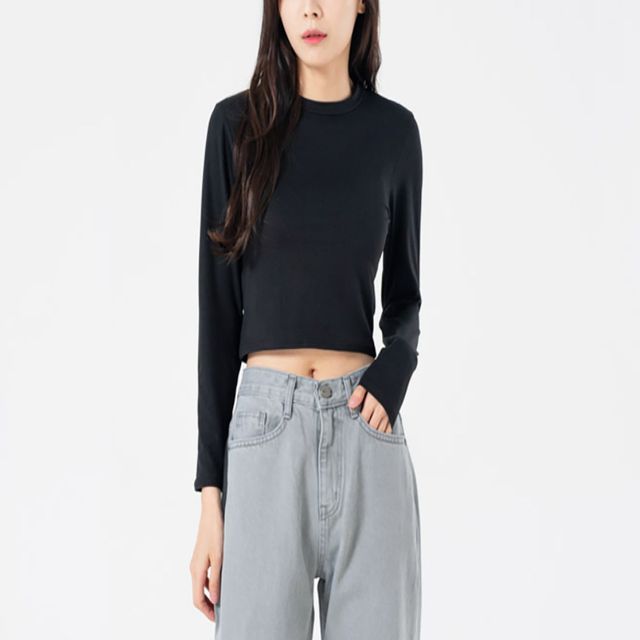 라운드넥 심플 크롭기장 기본템 데일리 여성 긴팔티