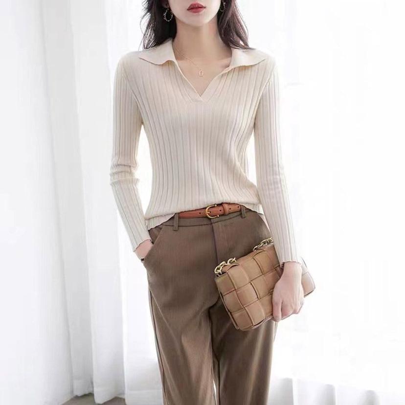 여성 슬림핏 브이넥 카라 긴팔 골지 티셔츠 출근룩