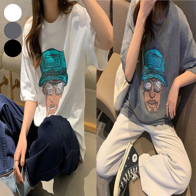 여자 여름 루즈핏 면 반팔 티셔츠 라운드넥 큰 반팔티