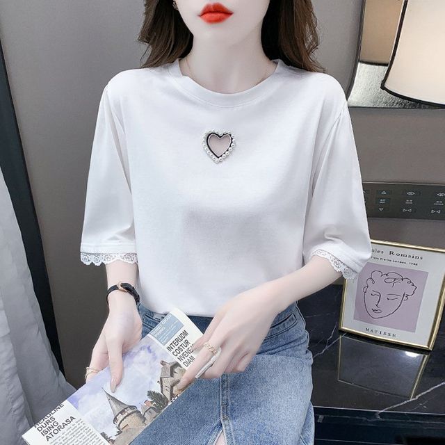 러브 할로우 코튼 반팔 티셔츠 여성 여름 레이스 디테일