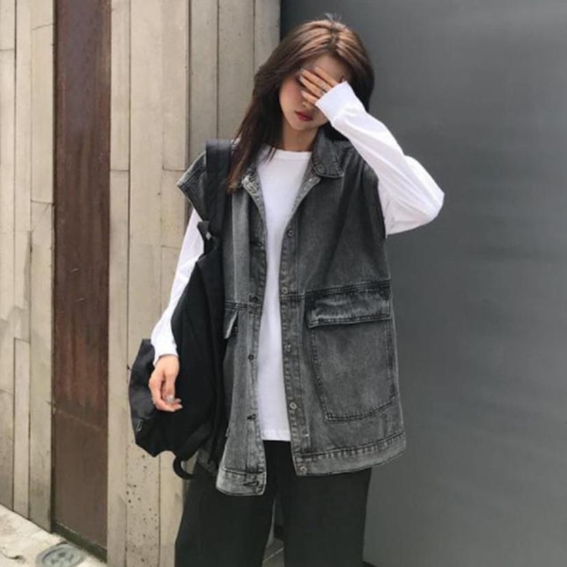 여성 루즈핏 블랙 데님 조끼 봄 가을 베스트 청조끼