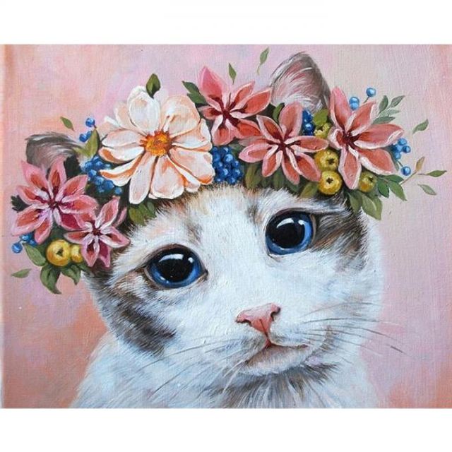 화관 쓴 냥이 캔버스 보석십자수 40x50 - 귀여운 고양이 아트 DIY 세트