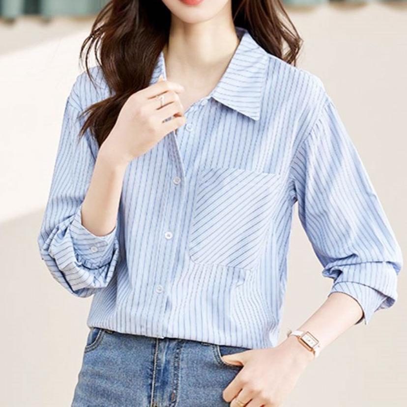 빅카라 스트라이프 블라우스 - 봄 가을 오피스룩 셔츠