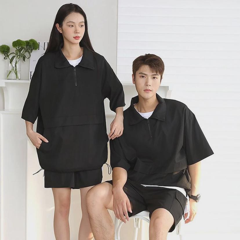 남녀공용 빅사이즈 오버핏 아노락 반집업 반팔 반바지 세트
