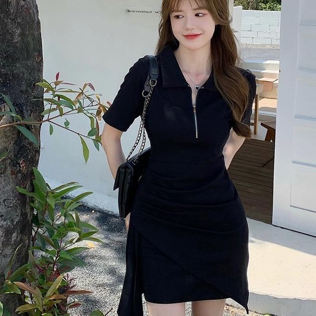지퍼 카라 랩스커트 스타일 캐주얼 반팔 원피스