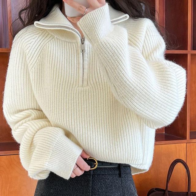 하이넥 집업 니트 여성니트 여성 하프집업 골지 아이보리 데일리