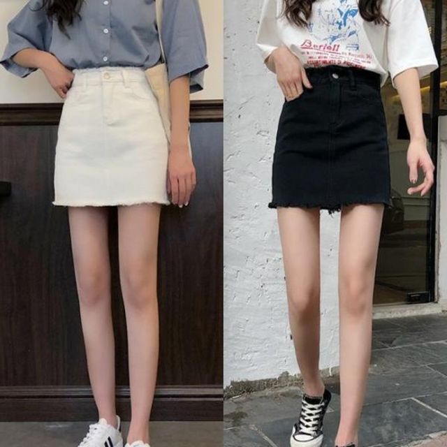하이웨스트 데님 스커트 블랙 화이트 미니 에이라인스커트 긴청치마 스판청치마