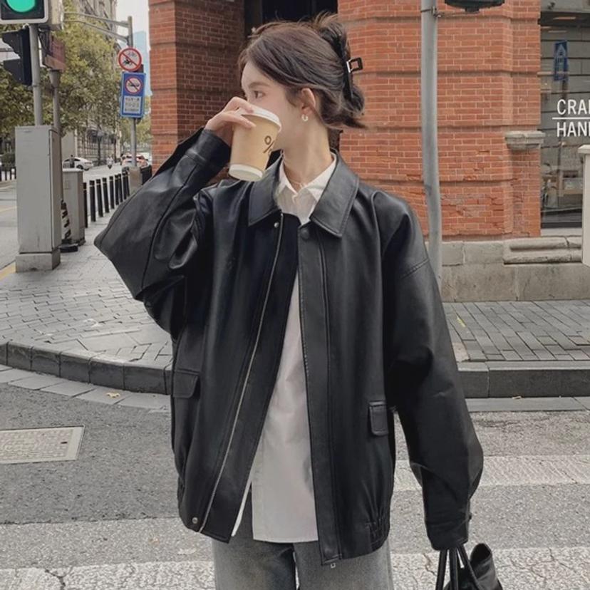 여성 오버핏 카라 집업 레더 자켓 가을 아우터