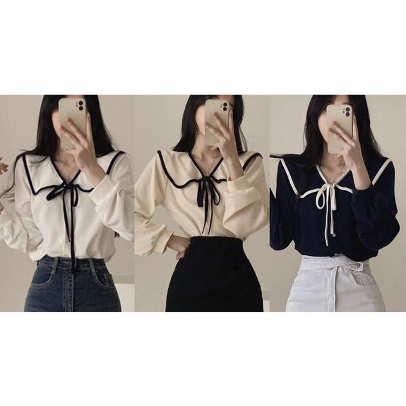 좁은 어깨 커버 리본 블라우스 - 러블리 와이드 카라 셔츠