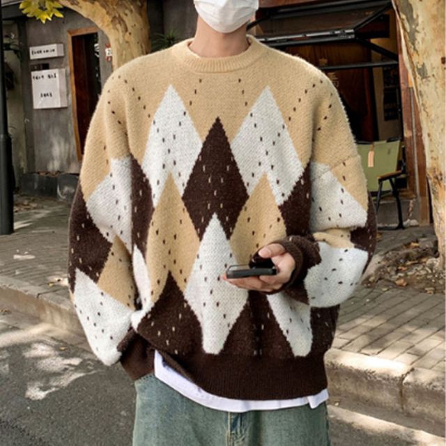 남성 컬러 배색 니트 스웨터 1P 라운드넥 겨울 캐주얼 긴팔티 댄디룩