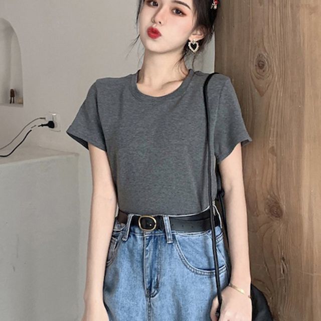 심플 무지 슬림핏 여성 데일리 라인 반팔 티셔츠