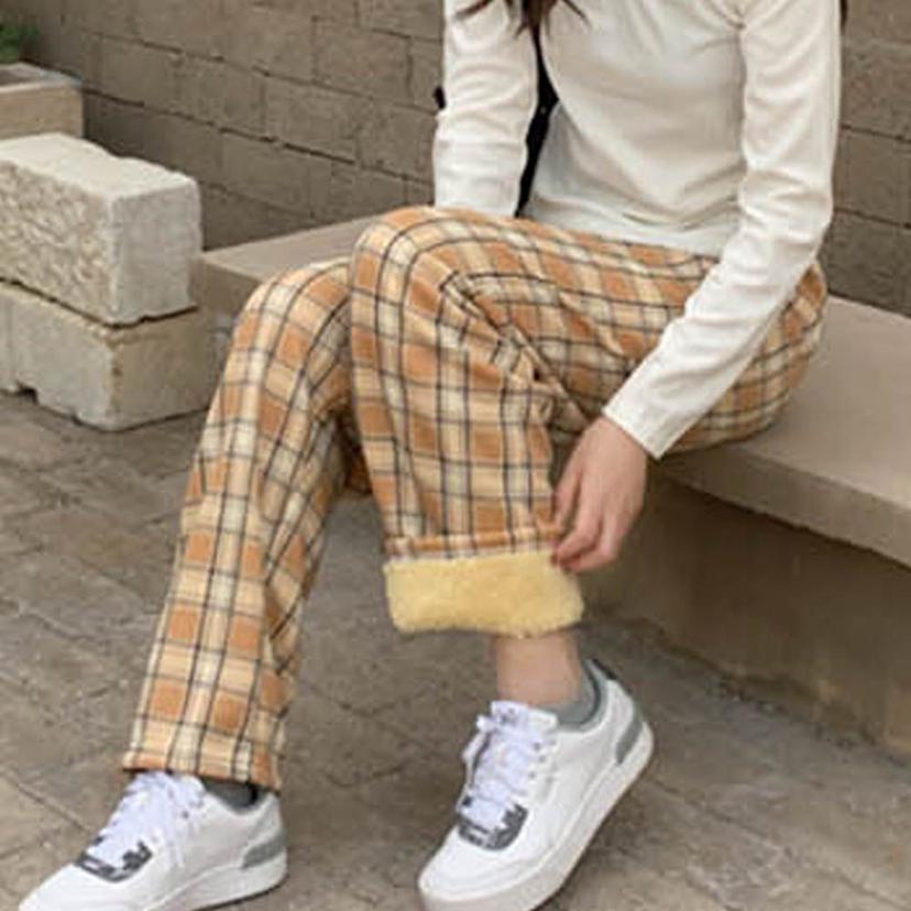 여성 체크 양털 팬츠 20대 캐주얼 데일리룩 코디 바지