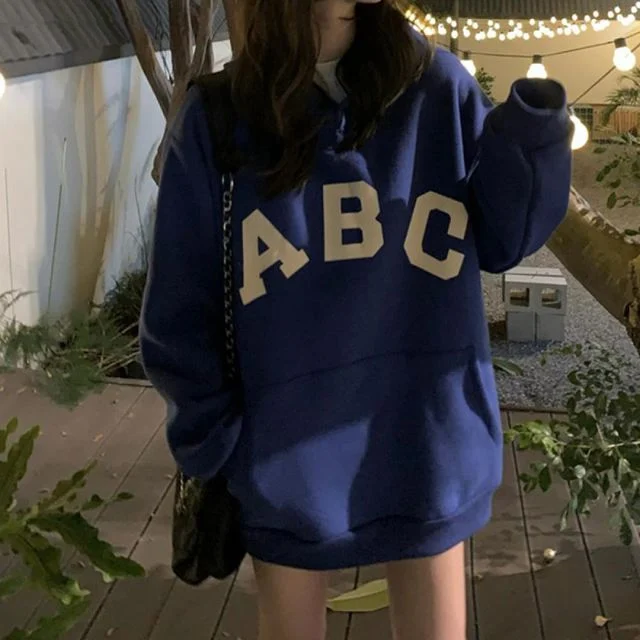 여성 블루 후드티 기모 오버핏 루즈핏 맨투맨