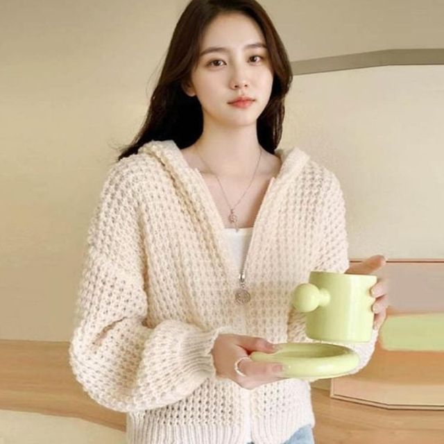 크롭 소프트 가디건 독특한 패턴 후드 집업 소프트크롭가디건