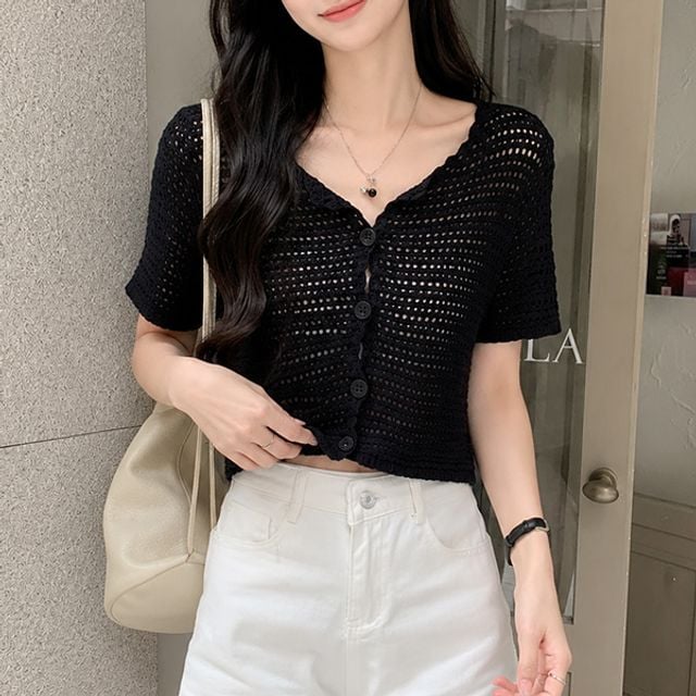 스카시 펀칭 반팔 니트 가디건 크롭 브이넥 썸머 시스루 볼레로