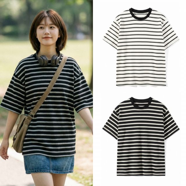 여성 스트라이프 반팔티 오버핏 빅사이즈 루즈핏 면 5부셔츠