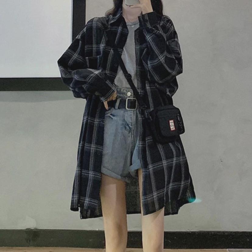 체크 롱셔츠 루즈핏 아우터 캐주얼 언발 롱남방