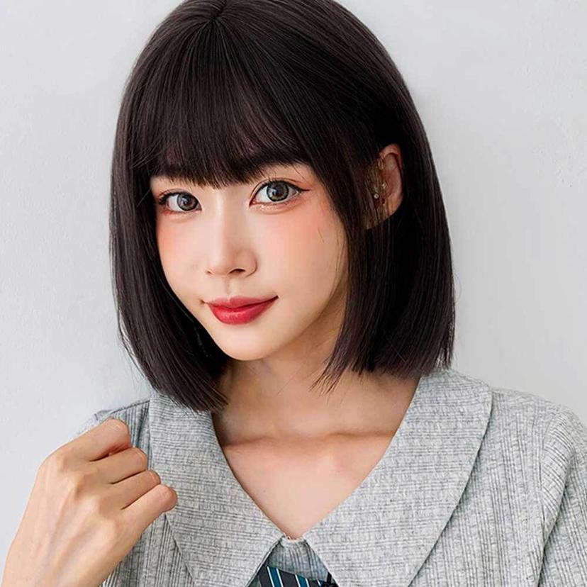 여성 통가발 단발 머리 앞머리 없는 내추럴 블랙